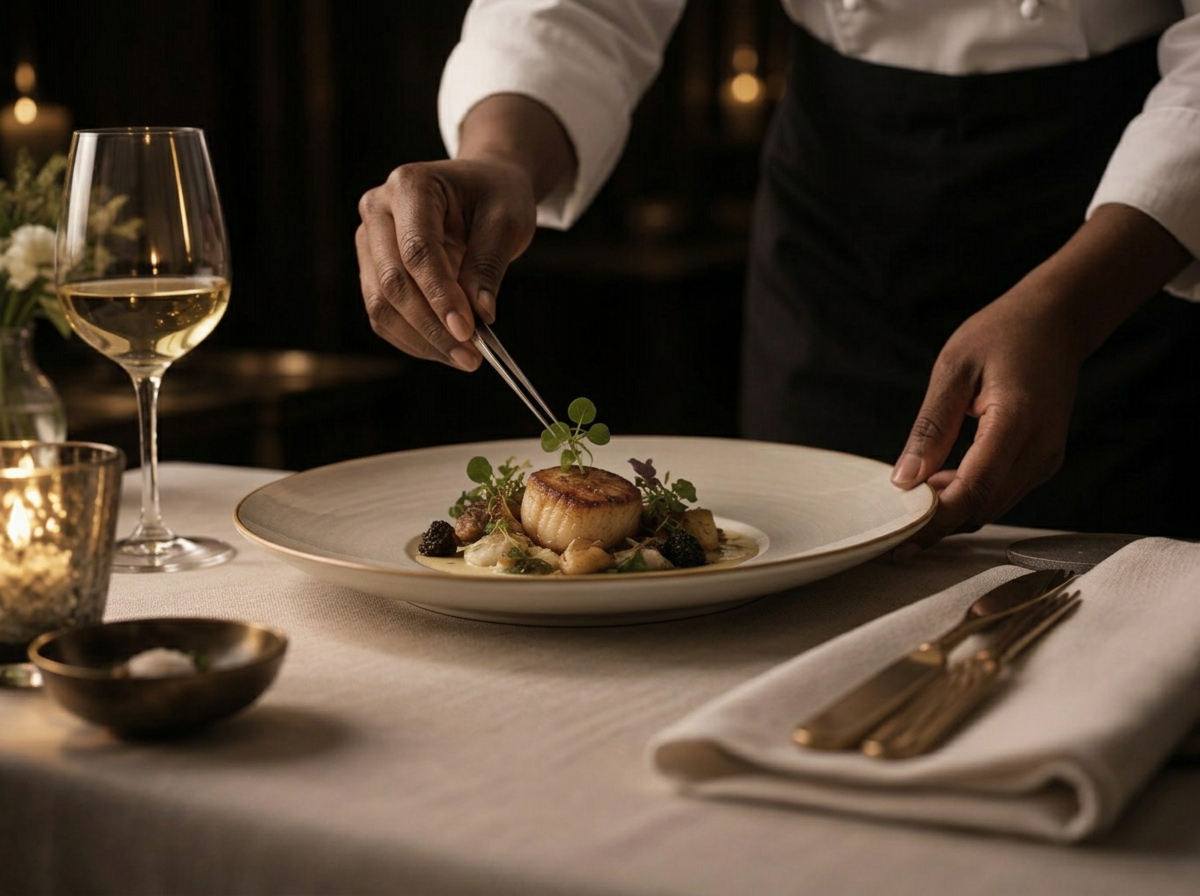 Chef's hands finishing a plate at a candlelit table