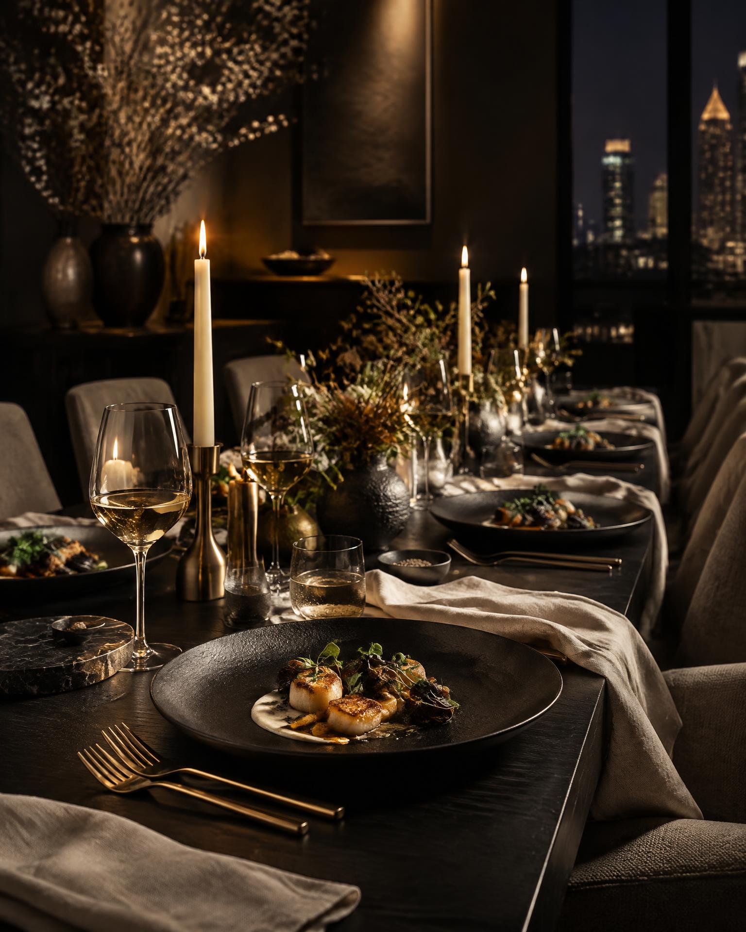 Candlelit long table set with ivory linen and brass cutlery