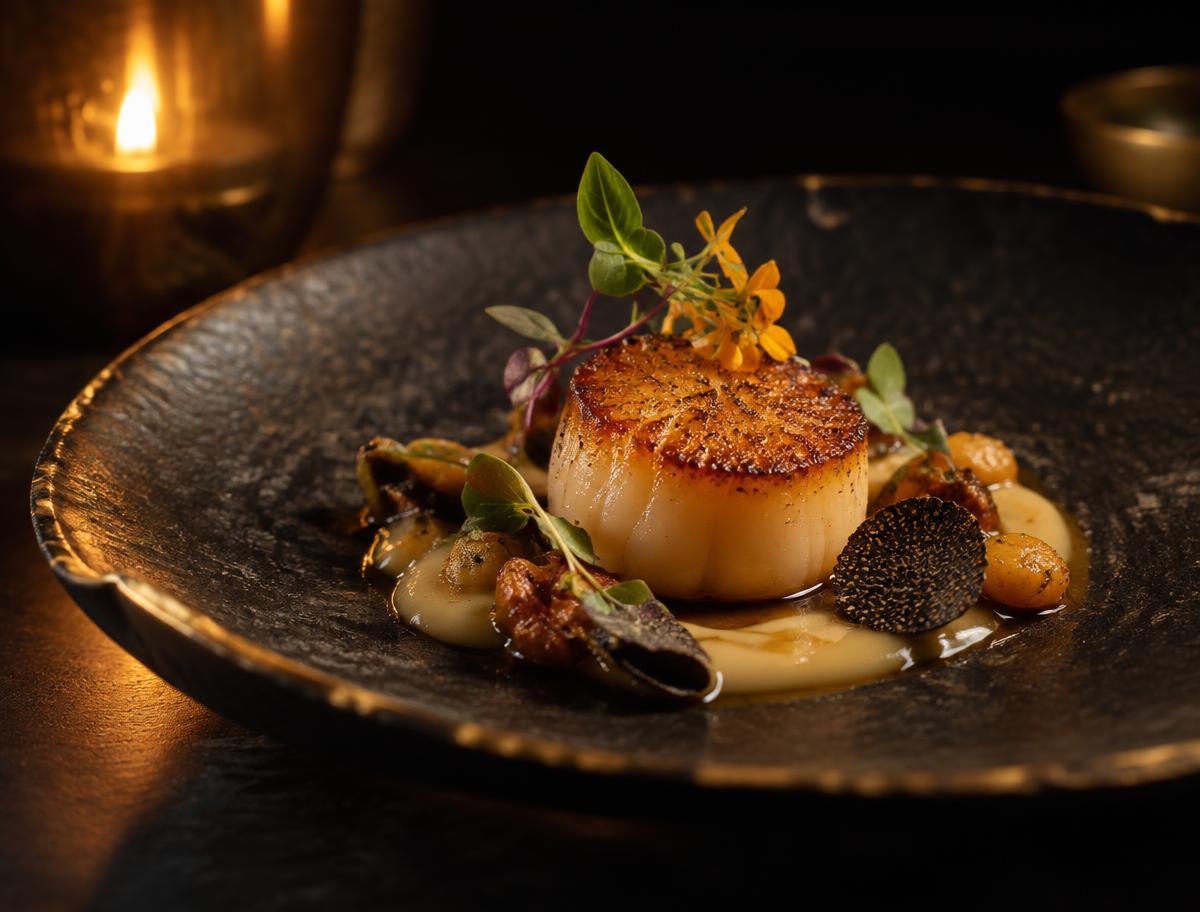 Plated course presented on dark ceramic